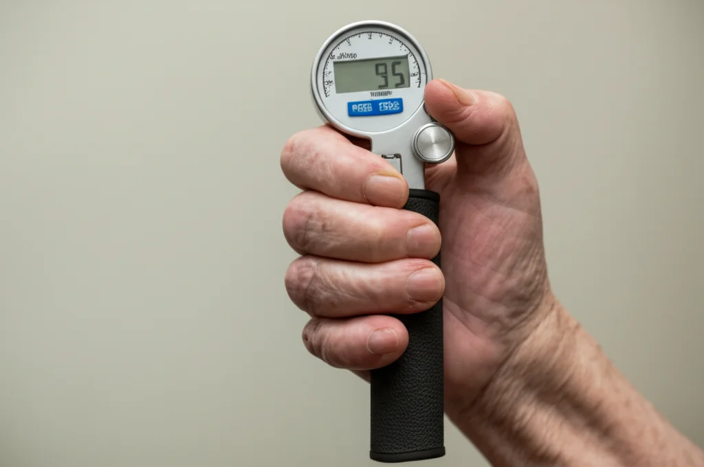Primo piano di un dinamometro digitale per la misurazione della forza della mano (HGS) stretto da una mano maschile anziana, illuminazione da studio controllata che evidenzia le texture della pelle e del metallo, alta definizione, obiettivo macro 60mm, sfondo neutro sfocato.