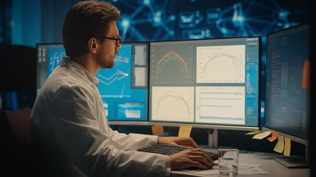 Fotografia realistica di un data scientist che osserva grafici di performance (curve ROC, matrici di confusione) su un monitor, con schemi di reti neurali visibili sullo sfondo. Obiettivo prime 35mm, profondità di campo che sfoca leggermente lo sfondo, illuminazione d'ufficio soffusa.
