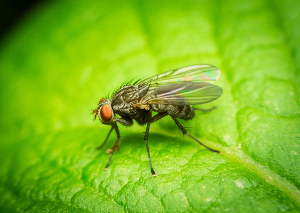Fotografia macro di un moscerino della frutta (Drosophila melanogaster) che riposa su una foglia verde illuminata lateralmente. Obiettivo macro 100mm, alta definizione dei dettagli dell'insetto come le ali trasparenti e gli occhi composti, sfondo sfocato (bokeh), illuminazione controllata per un effetto naturale ma dettagliato.