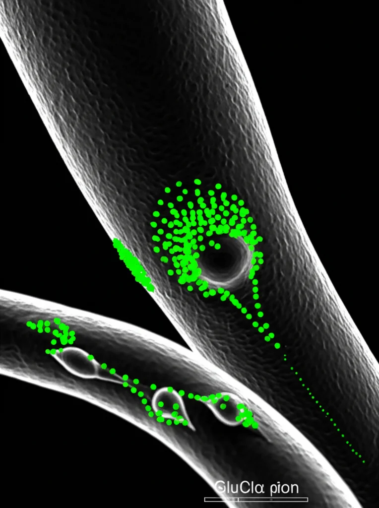Visualizzazione 3D fotorealistica di neuroni nel cordone nervoso ventrale (VNC) di Drosophila. Due paia specifiche di neuroni sono evidenziate in verde brillante, mostrando i loro corpi cellulari nel neuromero metatoracico e le loro proiezioni. Il canale GluClα è rappresentato come piccole strutture sulla membrana. Alta definizione, illuminazione scientifica per chiarezza.