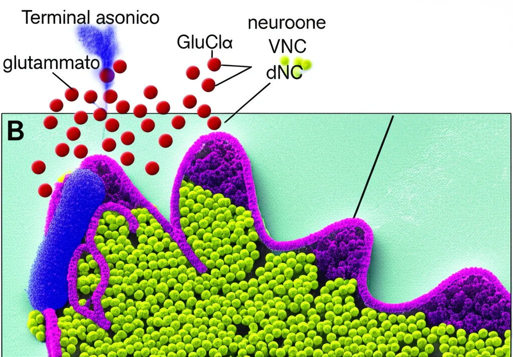 Illustrazione fotorealistica di una sinapsi nel VNC di Drosophila. Un terminale assonico di un neurone glutammatergico (blu scuro) rilascia glutammato (piccole sfere rosse) nello spazio sinaptico. Il glutammato si lega ai recettori GluClα (strutture viola) sulla membrana di un neurone del VNC (verde), causando l'ingresso di ioni cloruro (sfere gialle) e inibendo il neurone. Alta definizione, stile microscopia elettronica a colori.