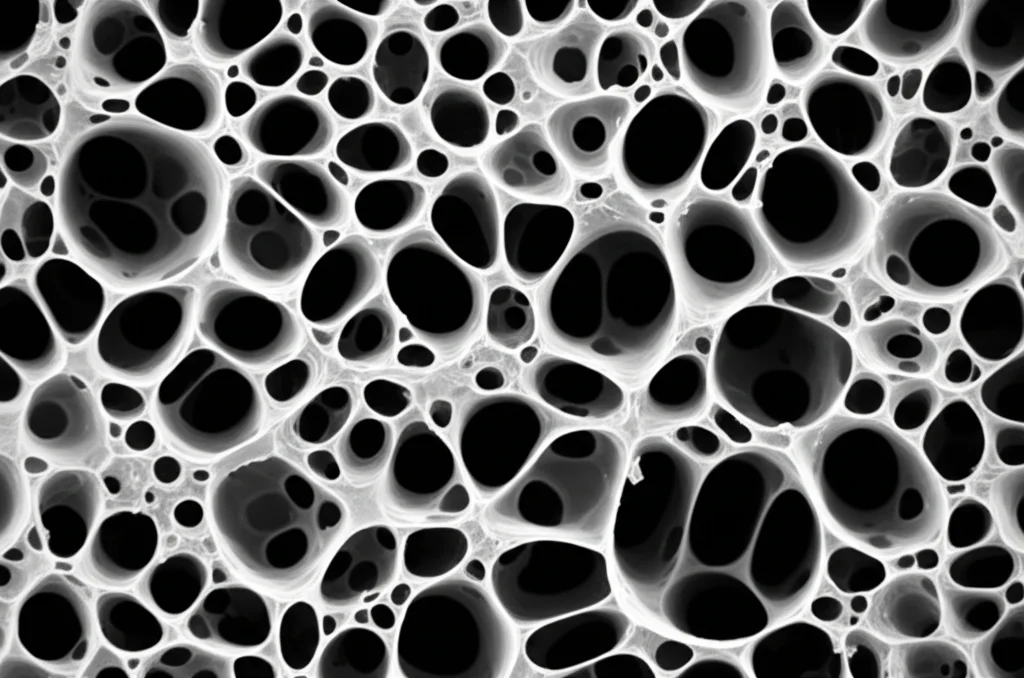 Primo piano macro di una sezione trasversale di un materiale a gradazione funzionale (FGM) piezoelettrico con micro-porosità visibili che rappresentano la struttura a schiuma, illuminazione controllata per evidenziare i dettagli della microstruttura porosa, lente macro 100mm, alta definizione.