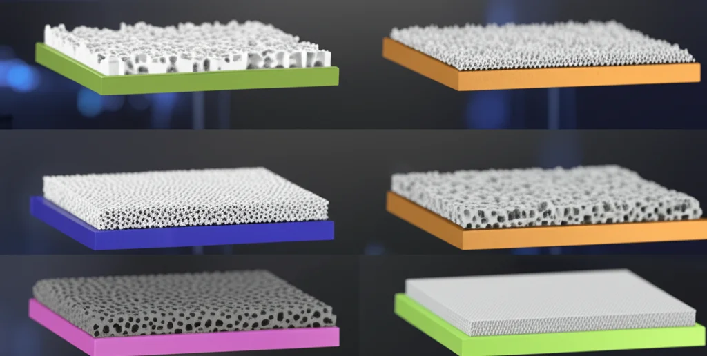 Visualizzazione 3D fotorealistica di quattro campioni di piastre FGM piezoelettriche con diverse strutture di schiuma (uniforme, simmetrica, superiore, inferiore) affiancate in un laboratorio high-tech, messa a fuoco precisa, illuminazione da studio che ne esalta le differenze strutturali.