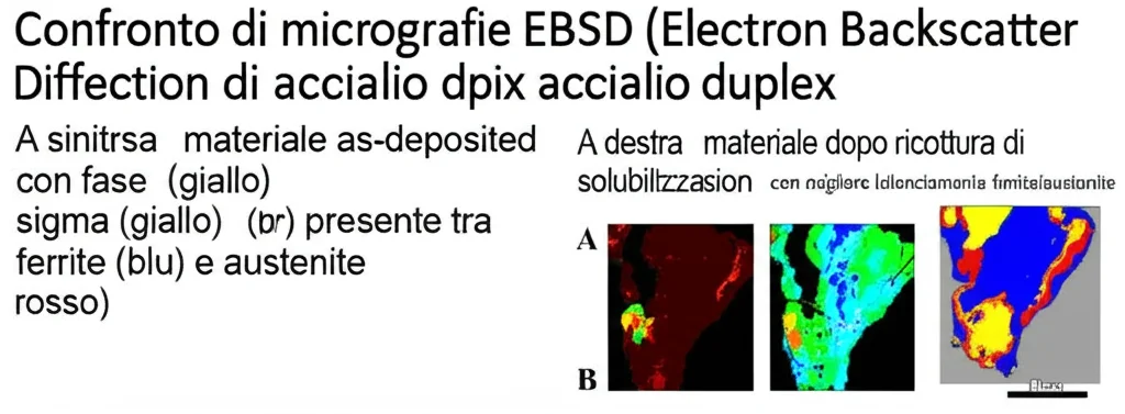 Confronto di micrografie EBSD (Electron Backscatter Diffraction) di acciaio duplex. A sinistra: materiale as-deposited con fase sigma (giallo) presente tra ferrite (blu) e austenite (rosso). A destra: materiale dopo ricottura di solubilizzazione, senza fase sigma e con migliore bilanciamento ferrite/austenite. High detail, phase mapping.