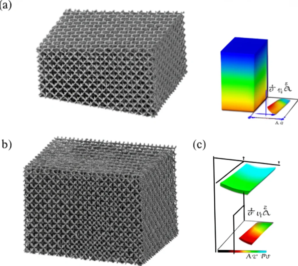 Simulazione al computer che mostra una piastra FGM piezoelettrica sottile con struttura a schiuma simmetrica che resiste meglio alla deformazione (buckling) sotto carico termico rispetto a una con schiuma uniforme, visualizzazione scientifica comparativa ad alto dettaglio.