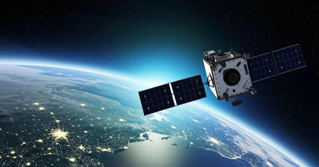 Immagine fotorealistica di un satellite in orbita terrestre che trasmette dati verso un data center high-tech illuminato da luci blu e verdi, obiettivo grandangolare 15mm, messa a fuoco nitida, concetto di flusso di dati globali