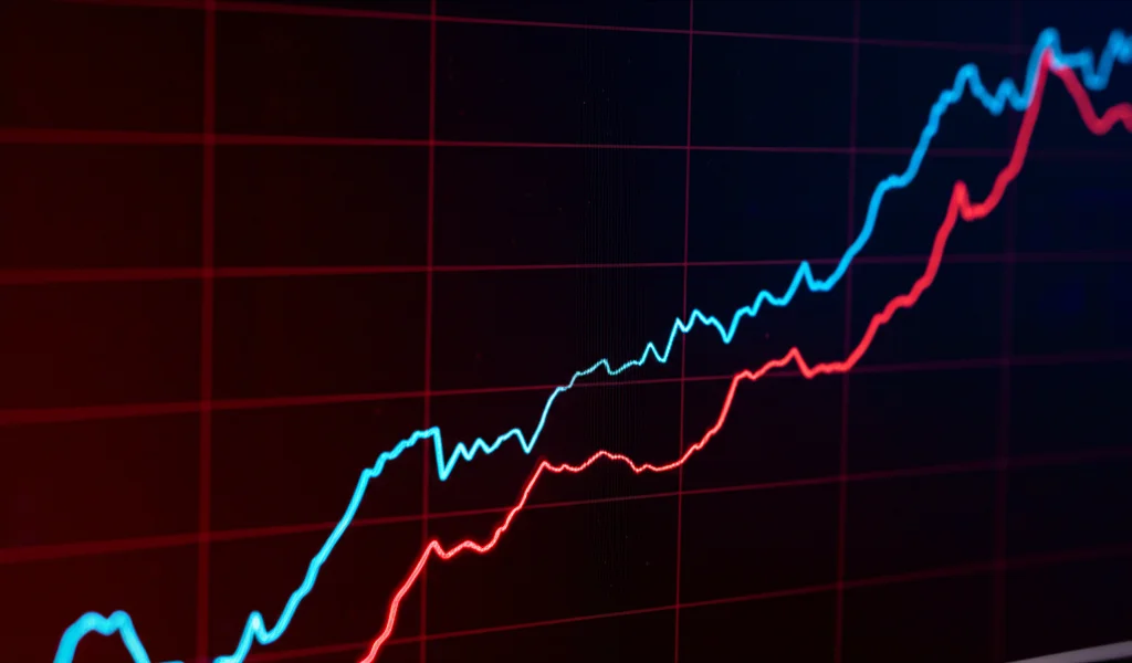 Grafico astratto fotorealistico che mostra una linea di previsione blu che segue da vicino una linea di dati reali rossa su uno sfondo scuro, illuminazione controllata, dettaglio elevato, concetto di accuratezza predittiva, obiettivo macro 90mm