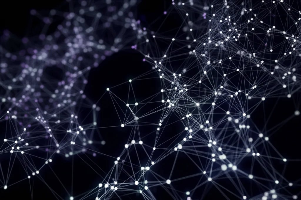 Immagine fotorealistica di una visualizzazione astratta di un algoritmo di machine learning, come una rete neurale complessa o un albero decisionale, con nodi luminosi e connessioni, obiettivo macro 70mm, illuminazione controllata high-detail, per rappresentare l'analisi dei dati cerebrali e del CSF.
