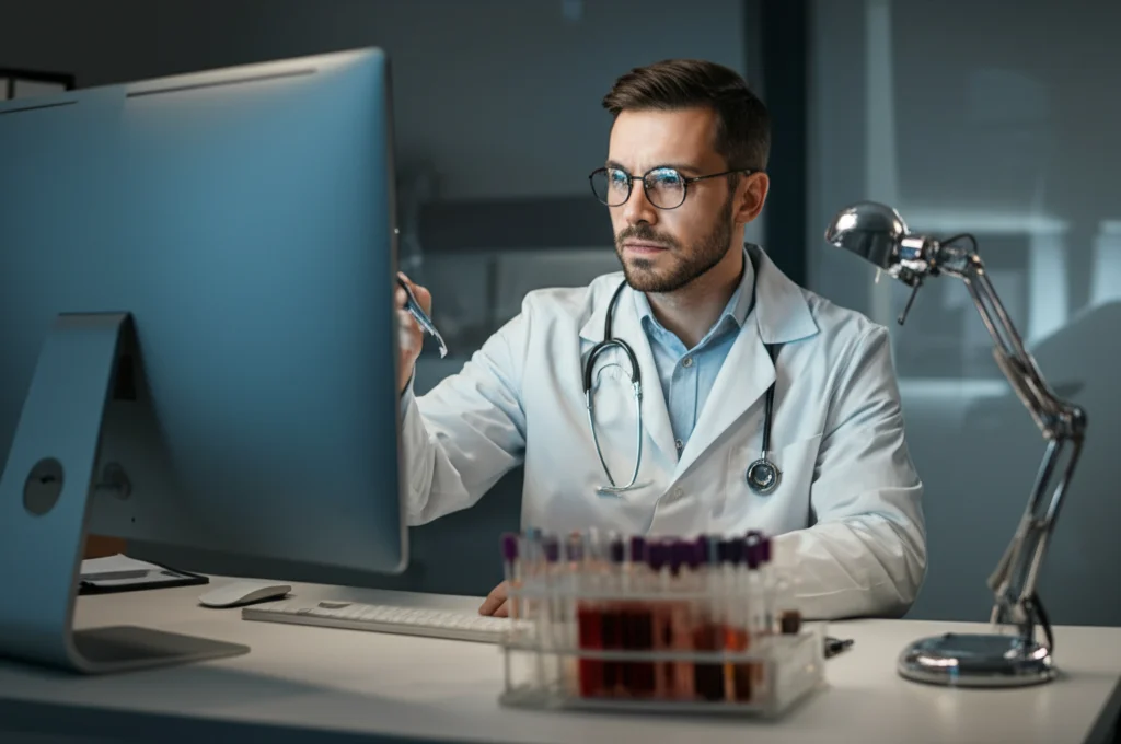 Medico in camice bianco che esamina attentamente i risultati di esami del sangue (eGFR, NLR) su un monitor in uno studio medico moderno, luce controllata, messa a fuoco precisa, obiettivo 50mm, profondità di campo, per decidere l'idoneità di un paziente allo shunt PVS.
