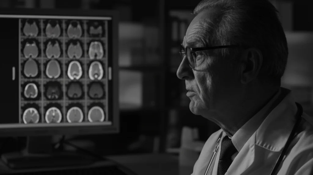 Ritratto di un ricercatore o medico anziano che osserva attentamente una scansione cerebrale su uno schermo luminoso, obiettivo 35mm, stile film noir, bianco e nero, profondità di campo, esprimendo concentrazione e speranza nella diagnosi precoce dell'Alzheimer.