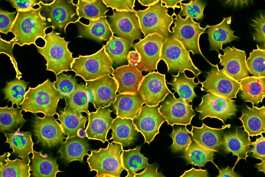 Visualizzazione microscopica ad alta definizione di linfociti T CD8+ umani interagenti, alcuni attivati (magari con marcatori fluorescenti simulati), illuminazione controllata per evidenziare dettagli cellulari, obiettivo macro 100mm, alta risoluzione.