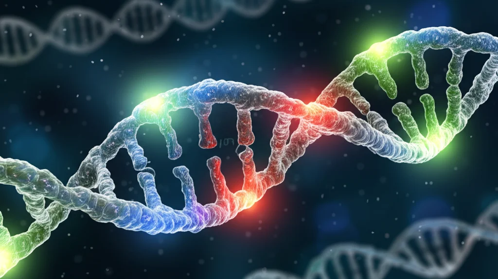 Visualizzazione astratta di una doppia elica di DNA con evidenziazione del gene TBX21, colori brillanti su sfondo scuro, stile rendering 3D fotorealistico, alta risoluzione, illuminazione drammatica.