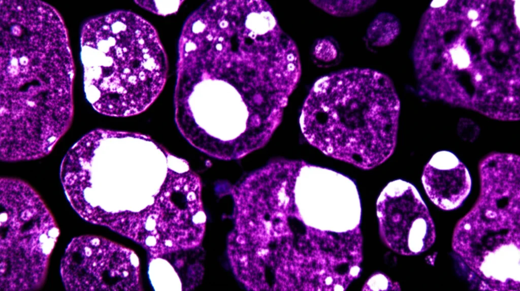Immagine macro di cellule di melanoma sotto un microscopio, mostrando la loro morfologia irregolare, obiettivo macro 80mm, alta definizione, illuminazione da laboratorio precisa.
