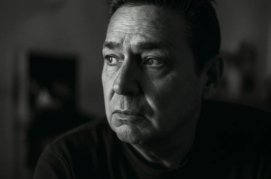 Ritratto fotografico di una persona di mezza età, espressione ansiosa e pensierosa, luce soffusa laterale che crea ombre profonde, obiettivo 35mm, profondità di campo ridotta per sfocare lo sfondo, bianco e nero film noir, alta definizione.