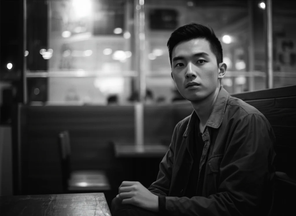 Fotografia di ritratto in bianco e nero, stile film noir, di un giovane filmmaker freelance a Hong Kong, espressione stanca ma determinata seduto in un caffè poco illuminato, profondità di campo ridotta, obiettivo 35mm.