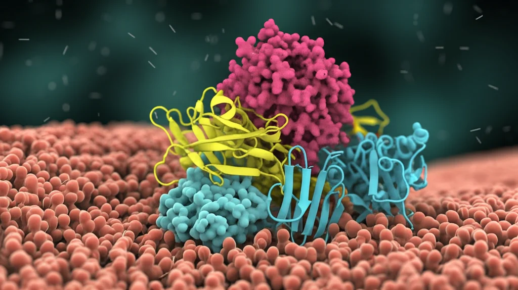 Visualizzazione 3D astratta di un complesso enzimatico γ-secretasi (viola, giallo, verde, blu) che interagisce con la proteina precursore dell'amiloide (rosso) all'interno di una membrana cellulare stilizzata. Macro lens, 85mm, illuminazione controllata, alto dettaglio sulla struttura proteica.