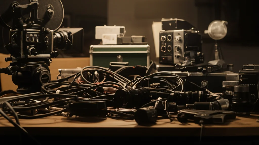 Fotografia macro, obiettivo 100mm, di attrezzatura cinematografica (cavi aggrovigliati, obiettivi, una vecchia cinepresa) appoggiata su un tavolo di legno in uno studio poco illuminato, alta definizione dei dettagli, luce controllata e drammatica.