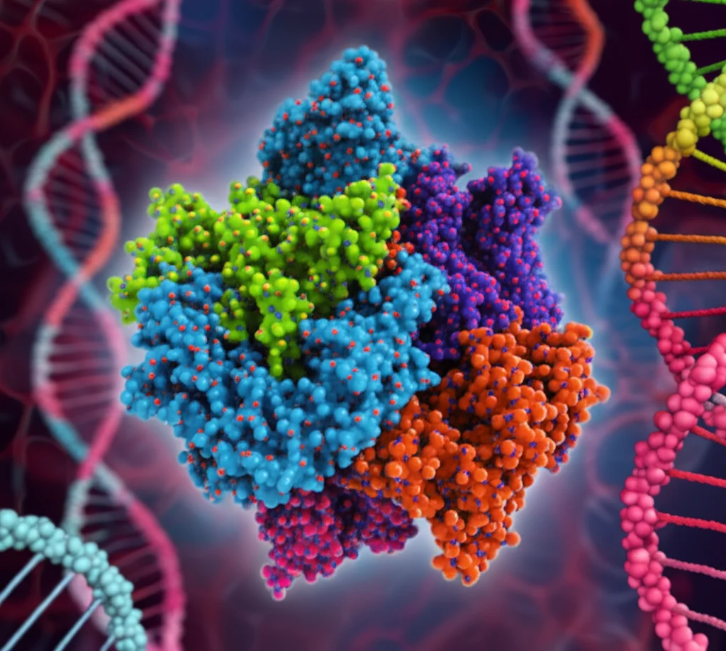 Visualizzazione 3D della struttura proteica di un gene AhBAG, con domini funzionali come BAG e IQ evidenziati in colori diversi, sfondo astratto con eliche di DNA stilizzate, resa fotorealistica con illuminazione da studio, macro lens, 100mm, high detail, precise focusing.