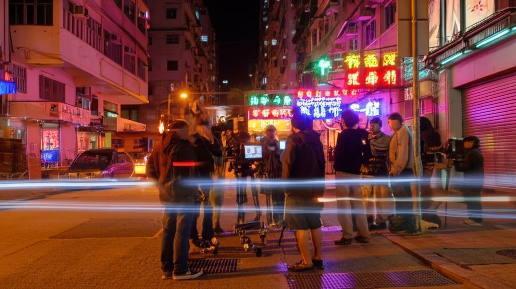 Fotografia grandangolare, obiettivo 24mm, di una troupe cinematografica indipendente al lavoro di notte in una strada secondaria di Hong Kong, illuminata da luci al neon colorate, lunga esposizione per catturare scie luminose e movimento, messa a fuoco nitida sulla scena principale.