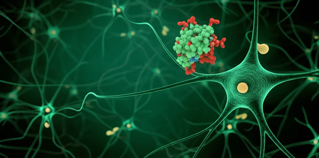 Immagine concettuale del cervello umano con neuroni stilizzati e placche amiloidi (giallo opaco) visibili. Sovrapposta, una molecola stilizzata di un modulatore della γ-secretasi (verde brillante) che interagisce con un neurone per correggere il processamento dell'APP. Obiettivo grandangolare, 24mm, illuminazione drammatica, focus nitido sui neuroni e sulla molecola.