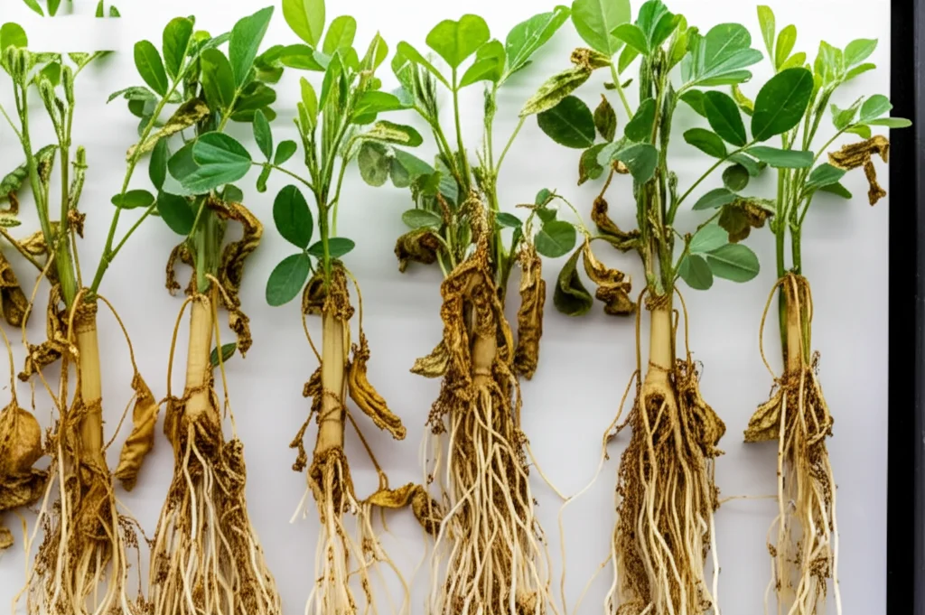 Piante di arachide in laboratorio, alcune infettate con avvizzimento batterico (appassite) e altre sane (controllo), con grafici di espressione genica sovrapposti, focus su radici e foglie, illuminazione da laboratorio controllata, prime lens, 35mm, depth of field.