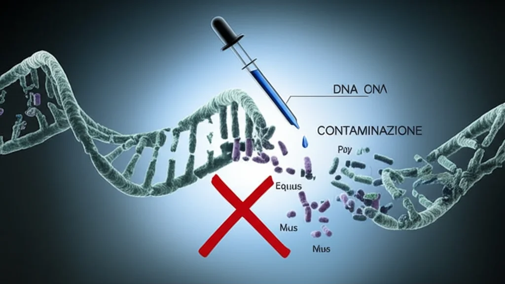 Illustrazione concettuale astratta che mostra una doppia elica di DNA batterico spezzata, con frammenti etichettati 'Equus' e 'Mus' che cercano di inserirsi, contrapposta a un simbolo di 'contaminazione' (es. una pipetta stilizzata che gocciola DNA estraneo), profondità di campo, illuminazione drammatica.