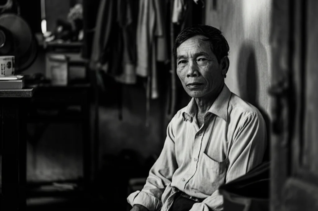 Ritratto fotografico di un uomo vietnamita di mezza età, aspetto stanco ma dignitoso, seduto in una stanza semplice con luce naturale laterale. Obiettivo 35mm, bianco e nero, profondità di campo ridotta per focalizzare sull'espressione, stile film noir.
