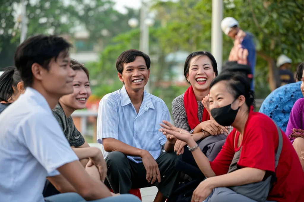 Fotografia di reportage, un gruppo diversificato di persone vietnamite (giovani, anziani) che partecipano a un incontro comunitario all'aperto, sorridono e interagiscono. Obiettivo zoom 24-70mm impostato a circa 35mm, luce naturale del tardo pomeriggio, colori caldi, cattura un senso di comunità e supporto.