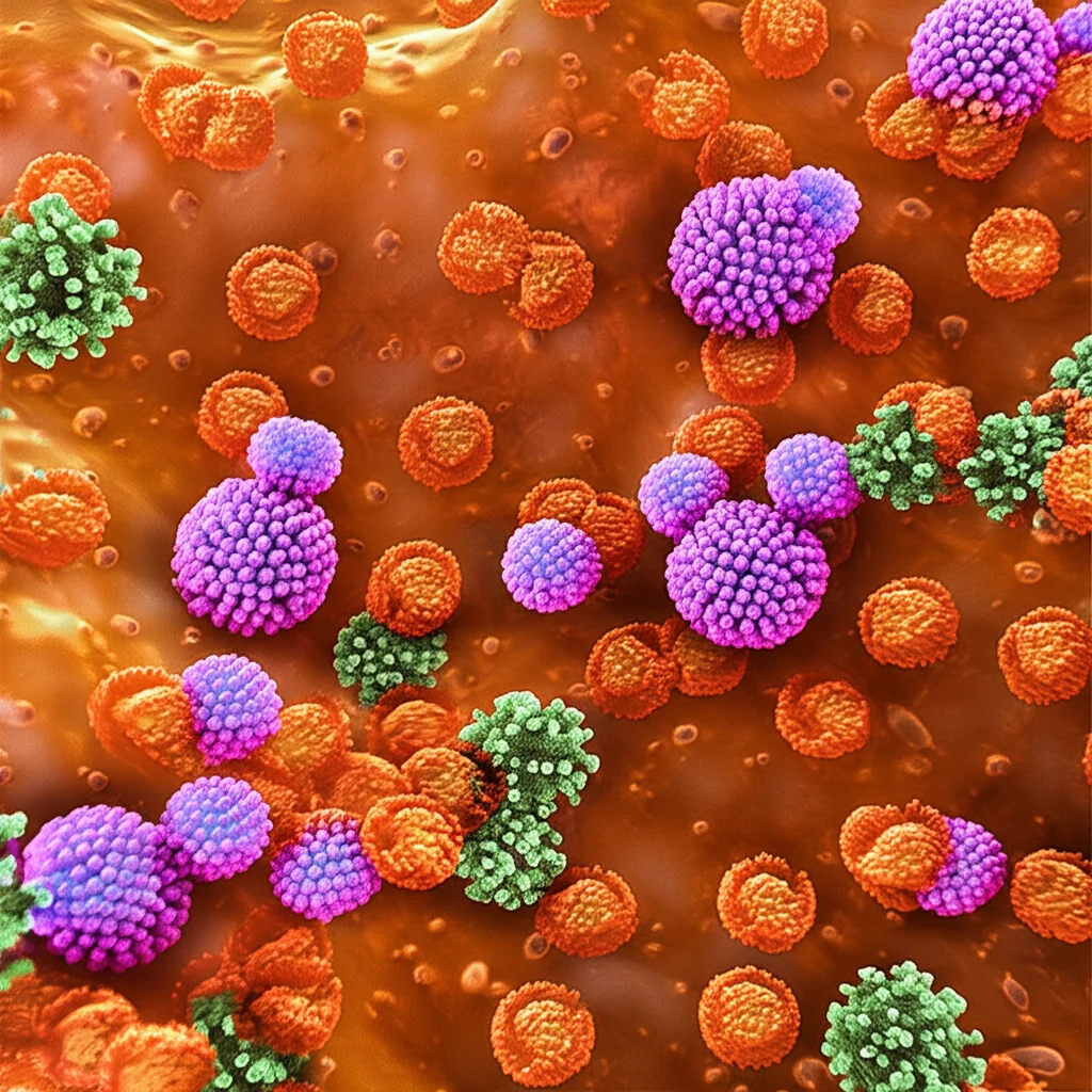 Visualizzazione di virioni dell'influenza A (sfere con spicole) che emergono da una cellula ospite stilizzata. Alcuni virioni sono più numerosi, a simboleggiare l'aumento della replicazione dopo il knockdown di RC3H1. Telephoto zoom, 200mm, fast shutter speed, effetto motion blur leggero.