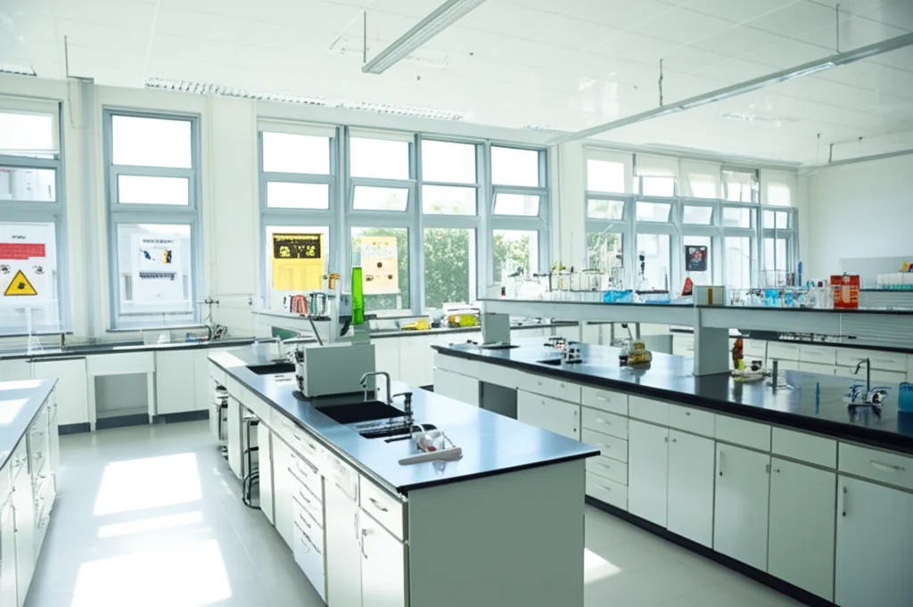 Paesaggio grandangolare, obiettivo 15mm, messa a fuoco nitida, che mostra un laboratorio scientifico scolastico moderno e pulito con poster sulla sicurezza visibili sulla parete, luce solare che entra dalle finestre, trasmettendo un senso di sicurezza e prevenzione.