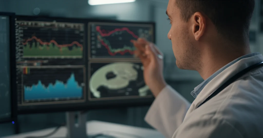 Un medico esamina attentamente i dati su un monitor in un laboratorio high-tech, luce soffusa, focus sui grafici a schermo, obiettivo 85mm, profondità di campo ridotta per isolare il soggetto.