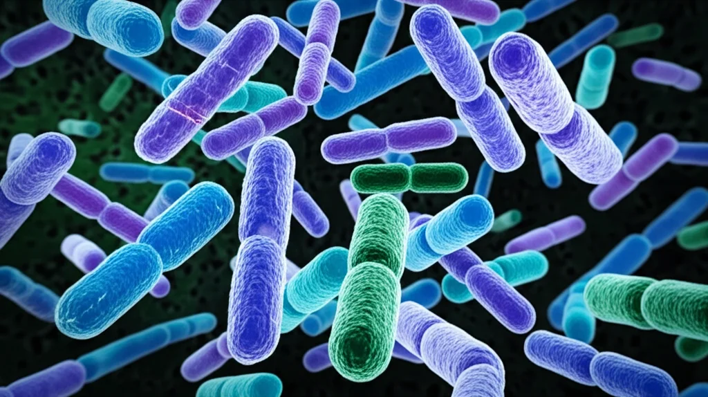 Immagine astratta, stile macro lens 100mm, che rappresenta un complesso ecosistema di batteri intestinali con forme diverse in tonalità di blu, verde e viola su sfondo scuro, illuminazione controllata per evidenziare i dettagli, alta definizione, suggerendo la complessità del microbioma.