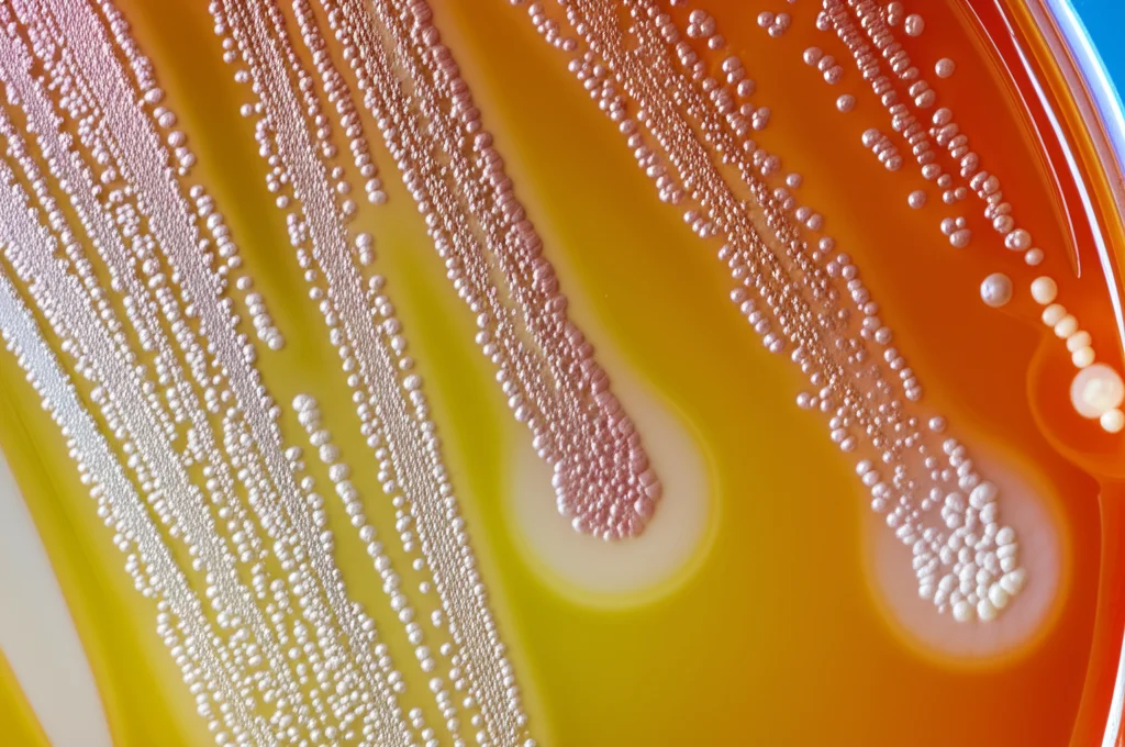 Fotografia macro, obiettivo 60mm, di una piastra di Petri con colonie batteriche colorate che crescono su un terreno di coltura agarizzato, illuminazione da laboratorio controllata per evidenziare le texture delle colonie, alta definizione, messa a fuoco precisa su alcune colonie in primo piano.