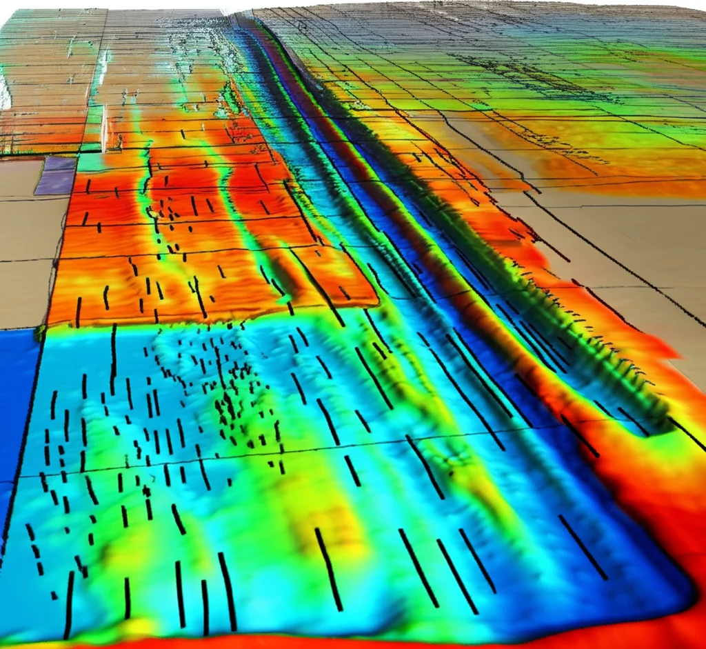 Visualizzazione sismica 3D del fondale marino del Mare di Barents, wide-angle 15mm, sharp focus, che mostra chiaramente i camini sismici verticali (zone acusticamente disturbate) che salgono da uno strato sepolto (la cicatrice della mega-frana) verso i cumuli dei vulcani di fango visibili sul fondale moderno. Illuminazione controllata per evidenziare le strutture geologiche.