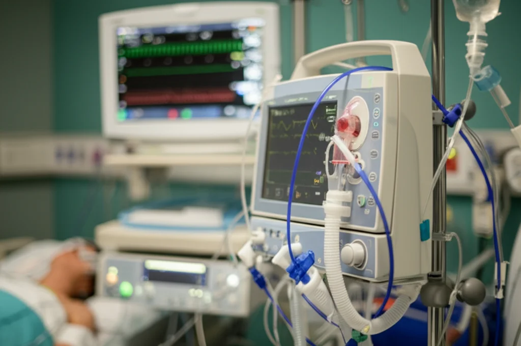 Fotografia clinica di una macchina ECMO VV in funzione in una stanza di terapia intensiva, con tubi rossi (sangue ossigenato) e blu (sangue deossigenato) collegati a un paziente fuori campo, monitor con grafici vitali visibili, obiettivo prime 35mm, atmosfera tesa ma controllata, profondità di campo.