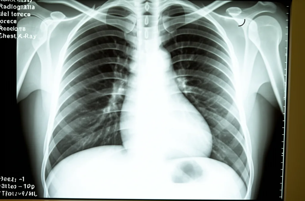 Radiografia del torace (Chest X-ray) che mostra la risoluzione di un pneumotorace e il miglioramento delle lesioni polmonari dopo il trattamento, visualizzata su un monitor medico ad alta risoluzione, focus nitido sull'immagine radiografica.