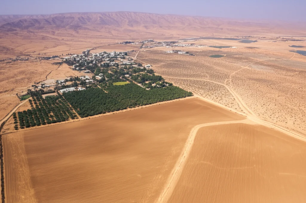 Veduta aerea grandangolare (obiettivo 20mm) del deserto del Negev che mostra un mosaico di habitat: un piccolo villaggio con vegetazione irrigata, un frutteto adiacente, l'habitat desertico semi-naturale (altopiano) e un campo agricolo incolto (terra brulla) che li separa. Luce diurna chiara, messa a fuoco nitida su tutto il paesaggio.