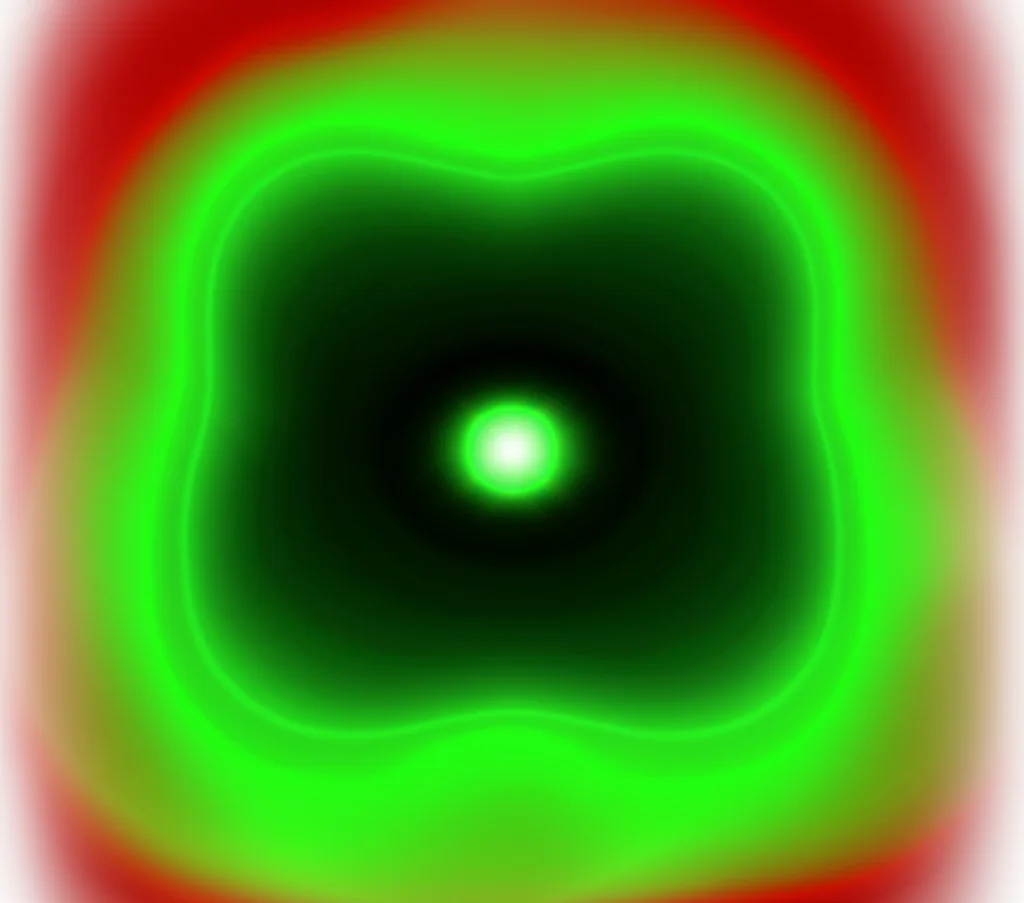 Illustrazione concettuale fotorealistica della stabilità termodinamica di un buco nero. Macro lens, 60mm, high detail, precise focusing. Si vede l'orizzonte degli eventi di un buco nero di Hayward modificato, rappresentato come una sfera luminosa stabile (verde) in una regione specifica di parametri, che diventa instabile (rossa e tremolante) al di fuori di quella regione, simboleggiando le transizioni di fase termodinamiche.