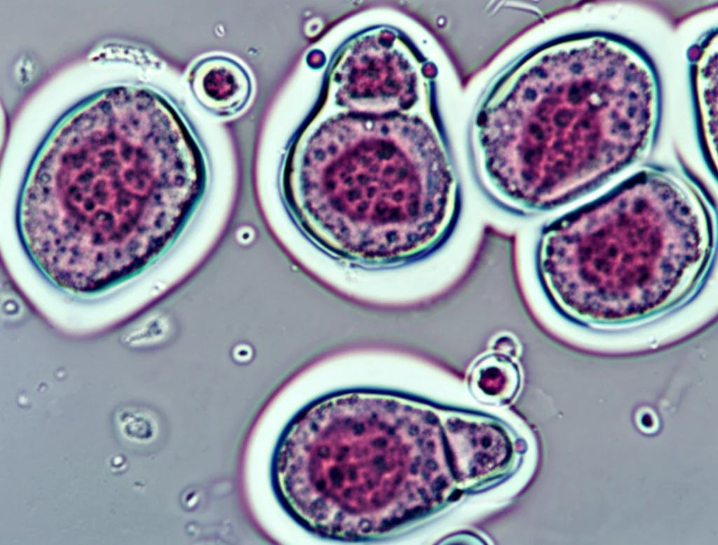 Macro fotografia, 90mm lens, di cellule adipose umane (adipociti) in coltura, alcune con evidenti gocce lipidiche più grandi (carenza B12) rispetto ad altre (controllo), high detail, precise focusing, controlled lighting, illustrando l'accumulo di grasso a livello cellulare.