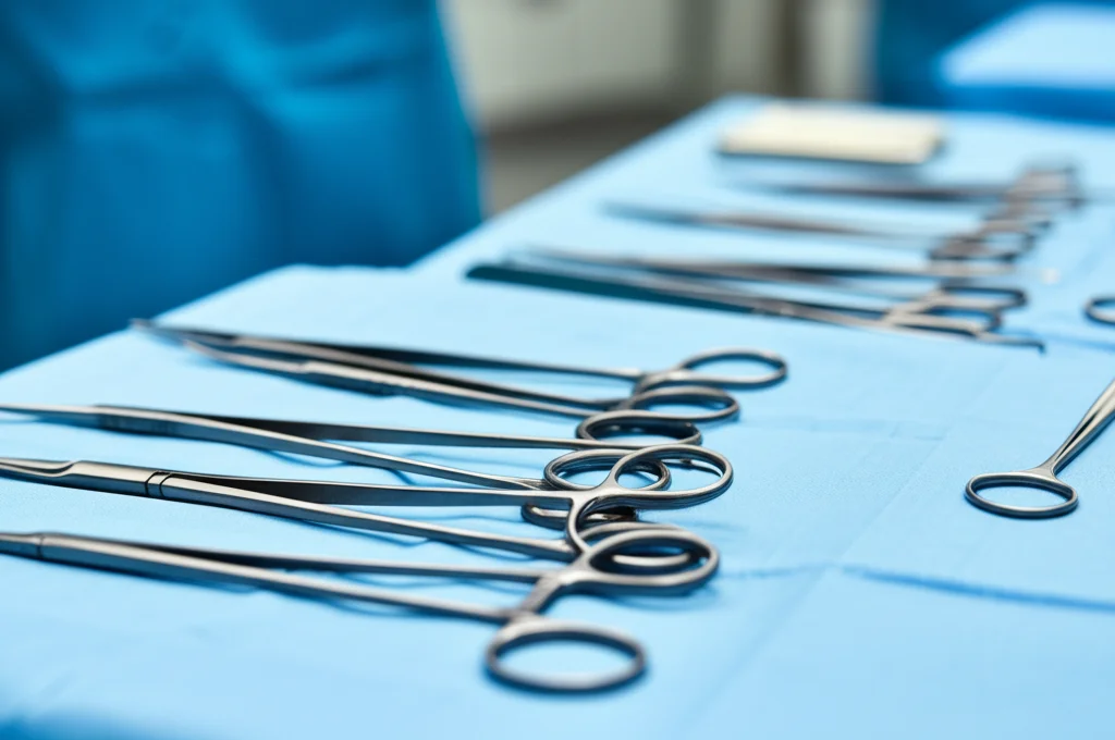 Fotografia macro di strumenti chirurgici di precisione, come pinze e bisturi, appoggiati su un telo chirurgico blu sterile in una sala operatoria ben illuminata. L'immagine è ad alta definizione con messa a fuoco precisa sugli strumenti, illuminazione controllata per evidenziare i dettagli metallici, scattata con un obiettivo macro da 100mm.
