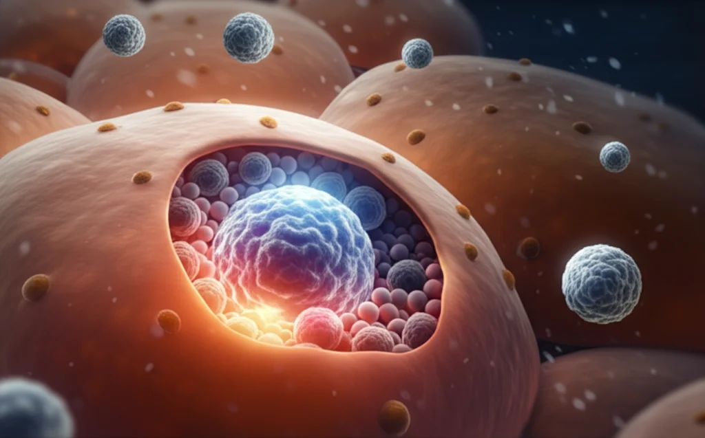 Illustrazione scientifica astratta, stile fotorealistico, che mostra mitocondri con un bagliore energetico ridotto all'interno di una cellula adiposa, con molecole di acidi grassi (sfere grigie) che non vengono processate efficacemente, prime lens 50mm, depth of field, luce soffusa, simboleggiando la disfunzione mitocondriale e la ridotta ossidazione dei grassi.