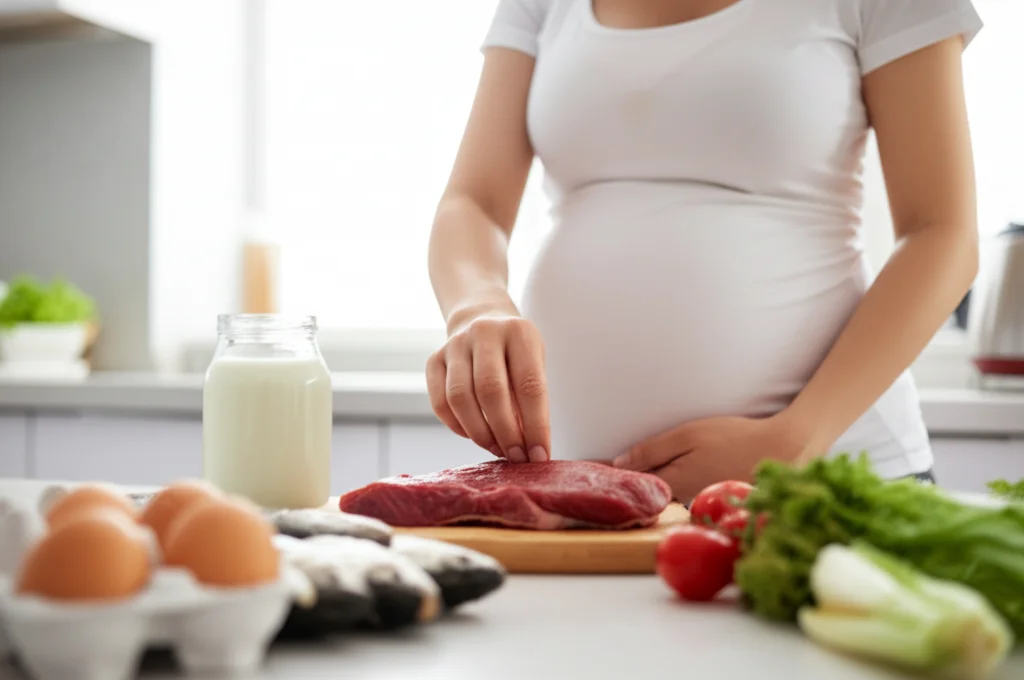 Immagine concettuale fotorealistica, wide-angle 24mm, che mostra una donna incinta sana che sceglie alimenti ricchi di vitamina B12 (carne magra, pesce, uova, latticini) su uno sfondo luminoso e positivo, long exposure per un leggero motion blur sulla mano che sceglie, simboleggiando la scelta consapevole per la salute materno-fetale.