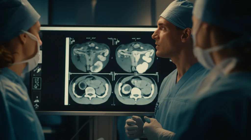 Fotografia di un team di chirurghi oncologi che discutono davanti a immagini radiologiche di un tumore ovarico su uno schermo luminoso in una sala riunioni moderna. Luce ambientale soffusa, focus sul volto concentrato del chirurgo principale, profondità di campo, 35mm portrait.