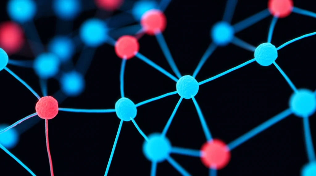 Fotografia macro di una rete neurale stilizzata o di nodi collegati, illuminazione controllata e messa a fuoco precisa su alcuni nodi che si illuminano di rosso (infetti) mentre altri rimangono blu (sani), obiettivo macro 90mm, alta definizione, a simboleggiare la diffusione dell'informazione (o del virus) attraverso una rete sociale.