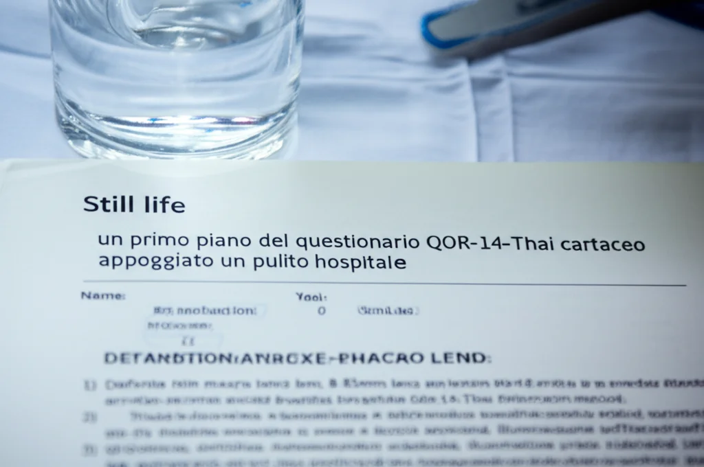 Still life, macro lens, 85mm, un primo piano del questionario QoR-14-Thai cartaceo appoggiato su un pulito comodino d'ospedale accanto a un bicchiere d'acqua, alta definizione, messa a fuoco precisa, illuminazione ambientale soffusa.