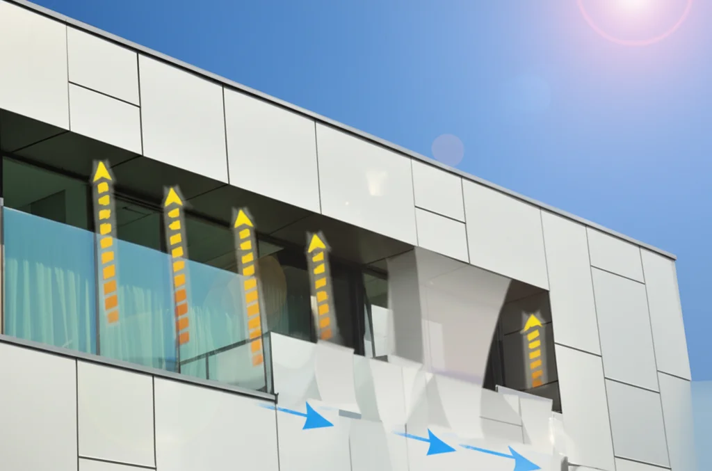 Illustrazione fotorealistica di una finestra intelligente Janus installata sulla facciata di un edificio moderno in una giornata estiva soleggiata. La parte esterna della finestra (PSLC) mostra un leggero effetto opaco e frecce stilizzate indicano l'emissione di calore radiativo verso il cielo. Obiettivo grandangolare 24mm, messa a fuoco nitida, luce diurna intensa.