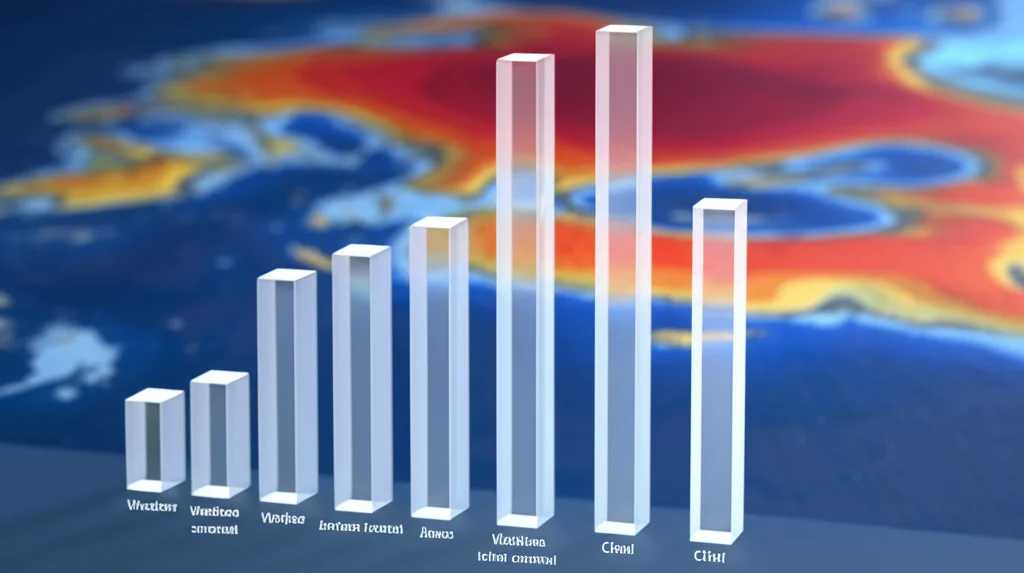 Grafico a barre 3D fotorealistico che mostra il risparmio energetico annuale (HVAC) della finestra Janus rispetto a una finestra normale in diverse città con climi differenti. Le barre della finestra Janus sono significativamente più alte. Sfondo sfocato di una mappa climatica. Illuminazione da studio, alta definizione.