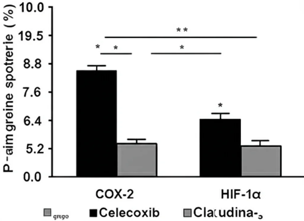 Grafico scientifico fotorealistico che illustra l'effetto del trattamento con Celecoxib. Si vedono barre che indicano una diminuzione dei livelli di COX-2 e HIF-1α e un aumento delle proteine delle giunzioni strette (Claudina-5, Occludina) nel gruppo trattato rispetto al controllo. Focus preciso sui dati, stile pulito e moderno, sfondo neutro.
