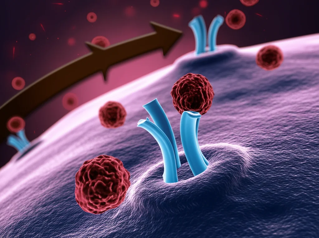 Visualizzazione concettuale astratta del legame tra infiammazione cronica (rappresentata da particelle rosse fluttuanti e incandescenti) e resistenza insulinica (simboleggiata da recettori cellulari stilizzati che respingono molecole di insulina blu), con una freccia più spessa che va dall'infiammazione all'insulino-resistenza. Sfondo scuro e medico. Obiettivo prime 35mm, profondità di campo, duotone rosso e blu.