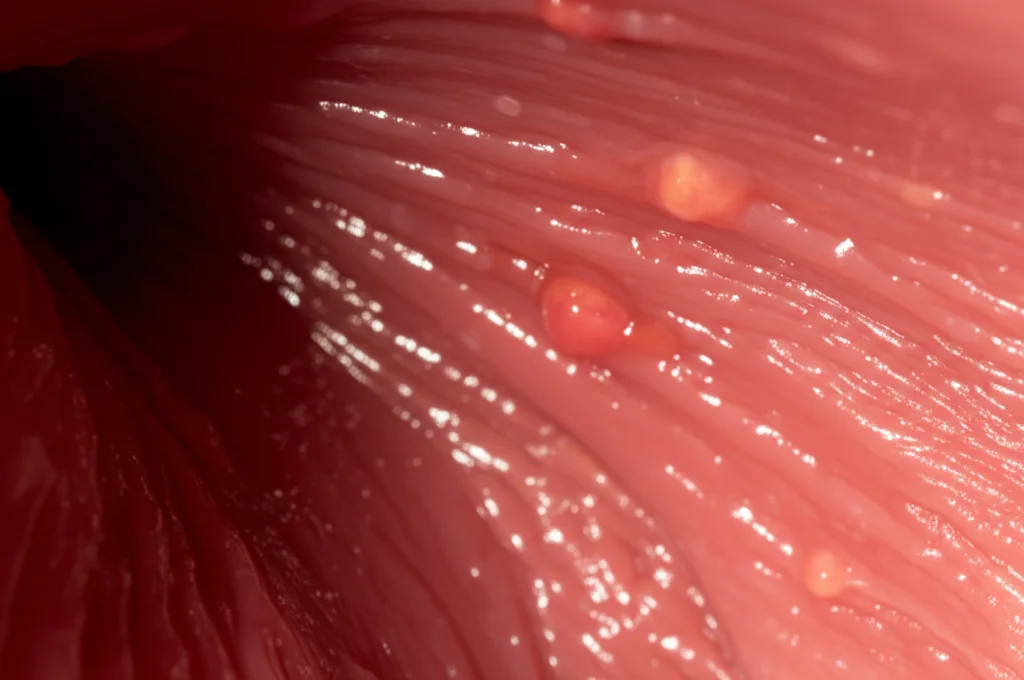 Immagine macro ad alto dettaglio dell'interno stilizzato di un tratto digestivo umano, forse il colon, con aree che mostrano segni visibili di infiammazione cronica (leggero rossore diffuso, texture della mucosa alterata) e piccole protuberanze che suggeriscono una crescita cellulare anomala incipiente. Messa a fuoco precisa su queste aree, illuminazione laterale drammatica per evidenziare le texture, obiettivo macro 105mm.